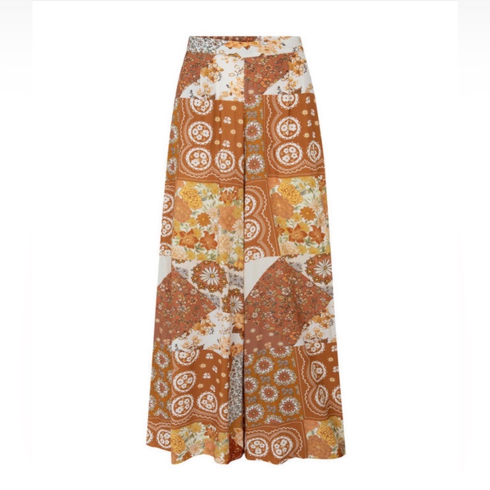 NWT Spell ChaCha Wide Leg Pants Patchwork Print Brown Sugar Small Retro Inspired